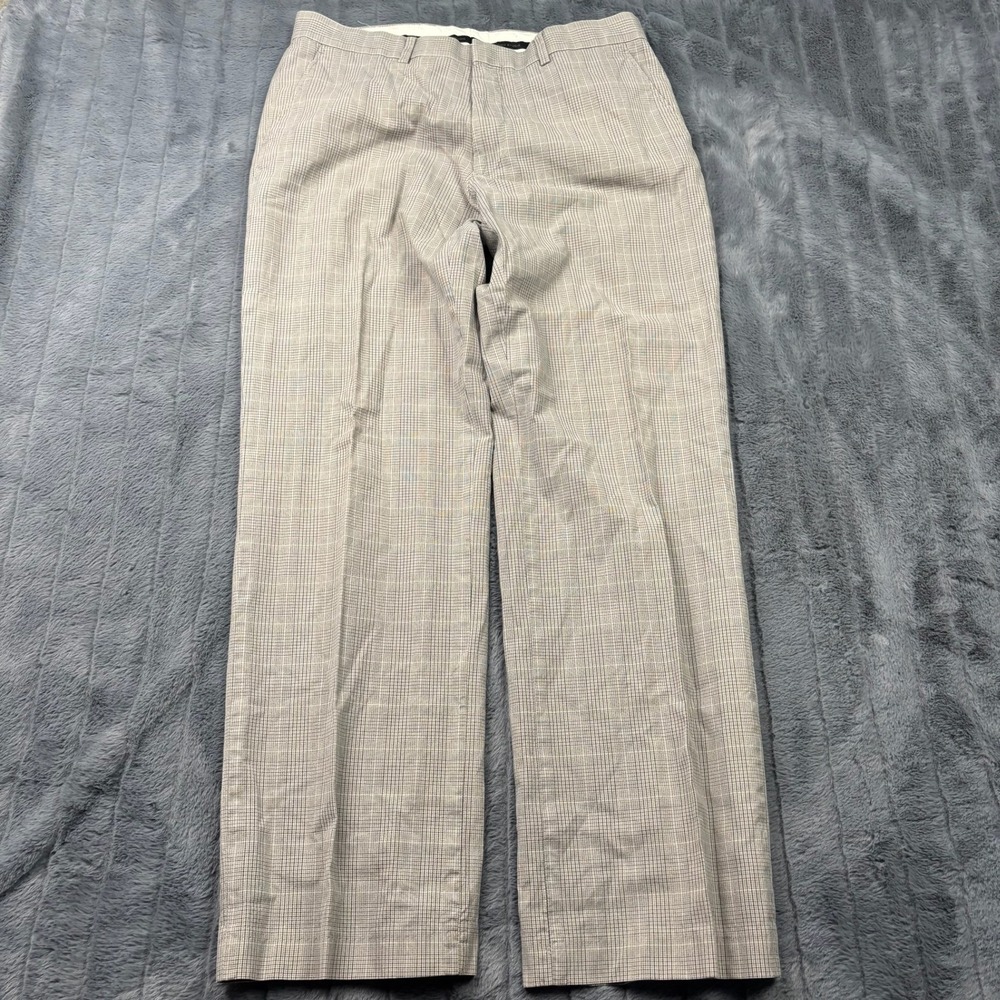 Express Design Studio Producer Mens Glen Plaid Dress Pants Tan Grey 33x32 Cotton